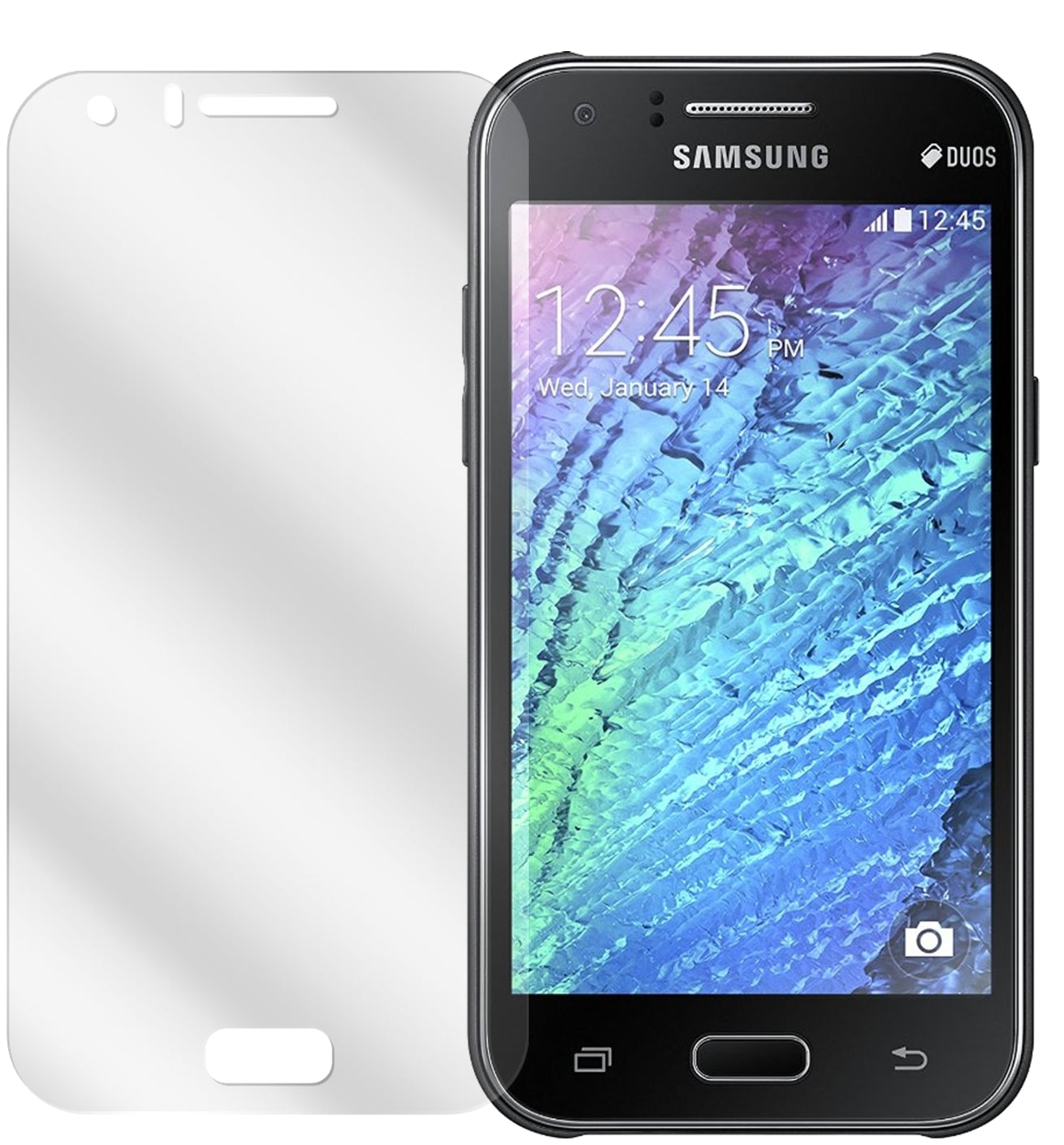 Galaxy J1Samsung mit aufgebrachter dipos Displayschutzfolie, glasklare Darstellung ohne Einschränkungen