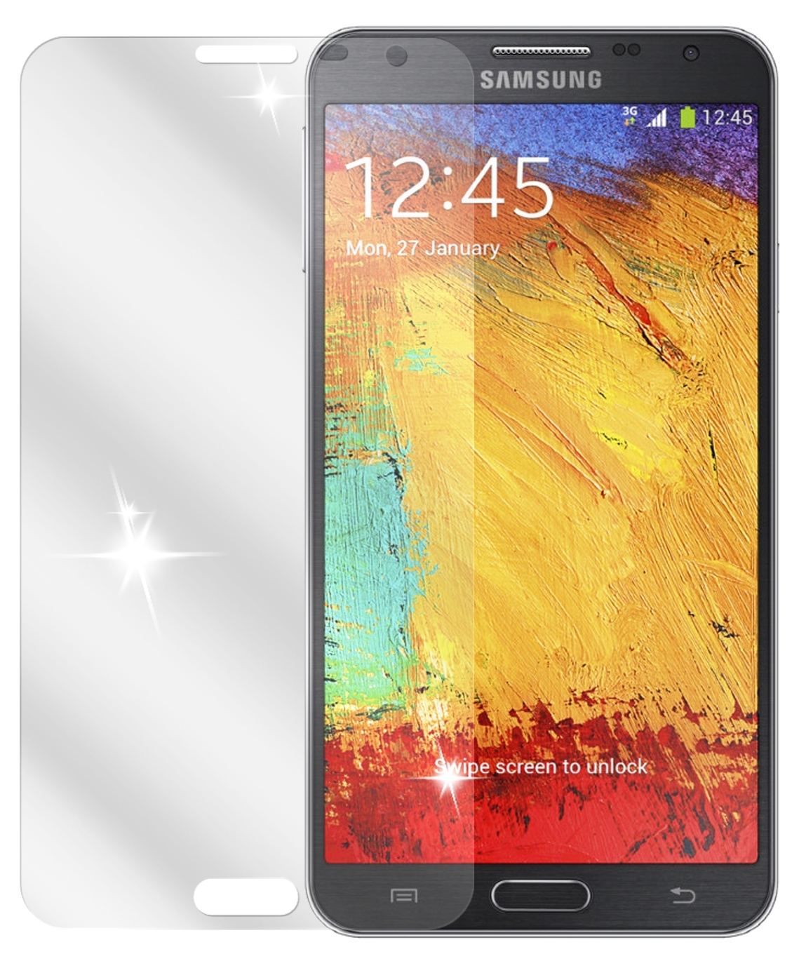 Galaxy Note 3 NeoSamsung mit aufgebrachter dipos Displayschutzfolie, glasklare Darstellung ohne Einschränkungen