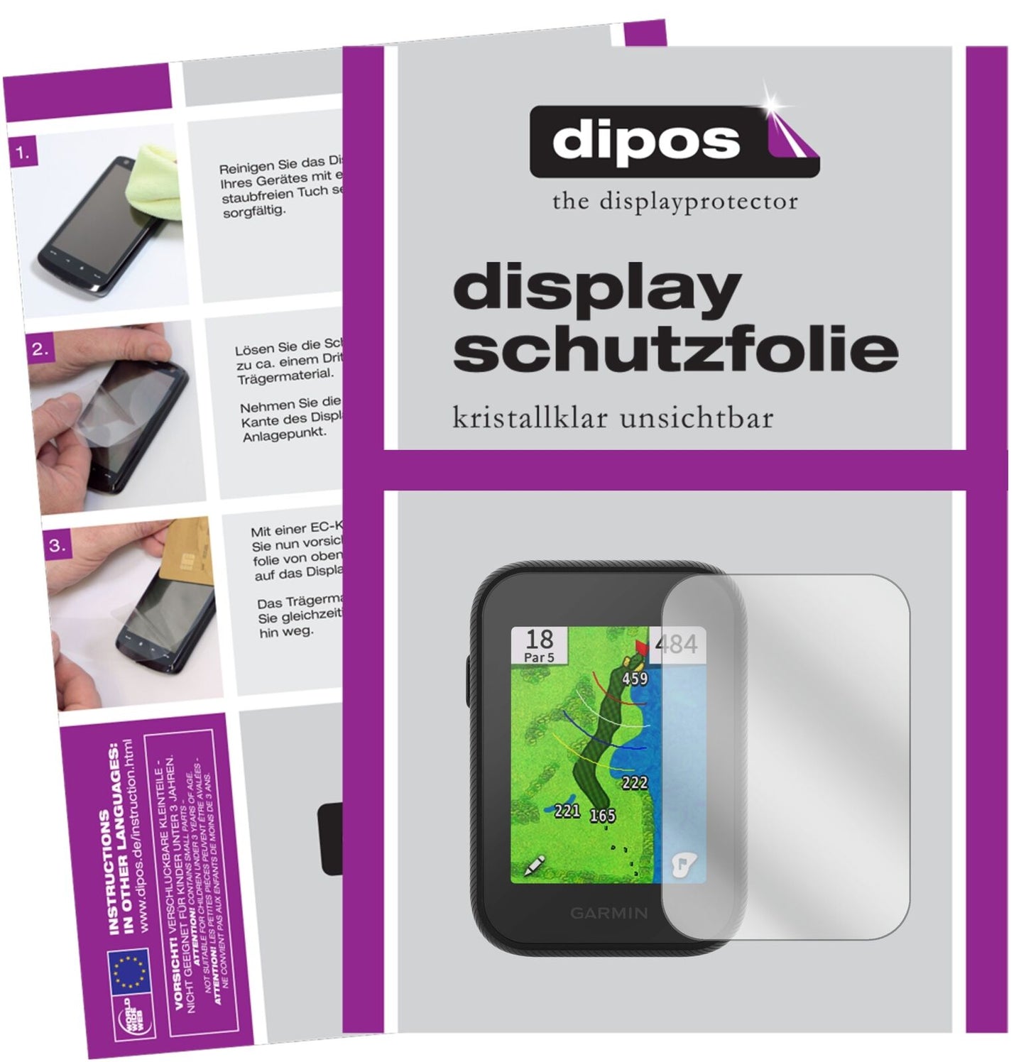 GarminApproach G30 mit aufgebrachter dipos Displayschutzfolie, glasklare Darstellung ohne Einschränkungen