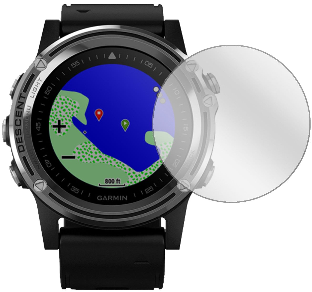 GarminDescent Mk1 mit aufgebrachter dipos Displayschutzfolie, glasklare Darstellung ohne Einschränkungen