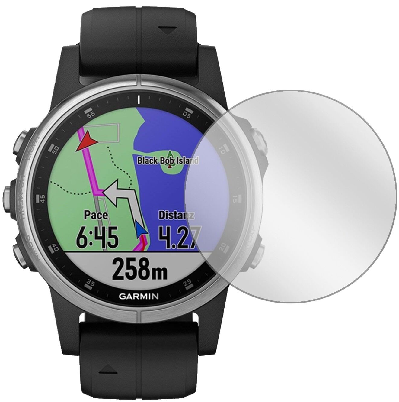 Garminfenix 5s Plus (42mm) mit aufgebrachter dipos Displayschutzfolie, glasklare Darstellung ohne Einschränkungen