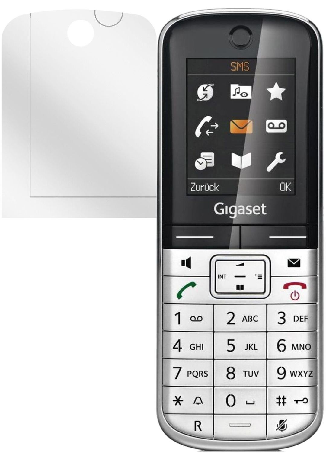 GigasetSL350 / SL350A mit aufgebrachter dipos Displayschutzfolie, glasklare Darstellung ohne Einschränkungen