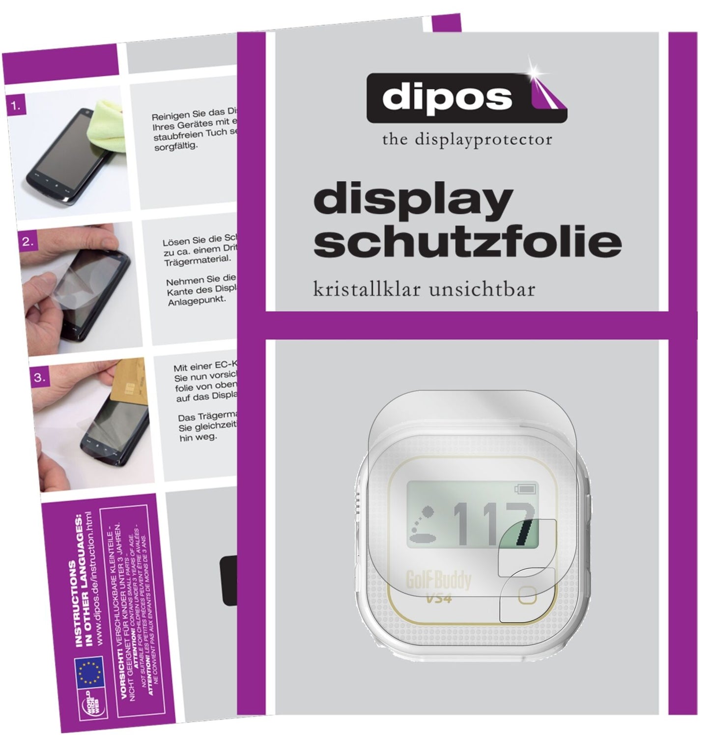 GolfbuddyVoice VS4 mit aufgebrachter dipos Displayschutzfolie, glasklare Darstellung ohne Einschränkungen