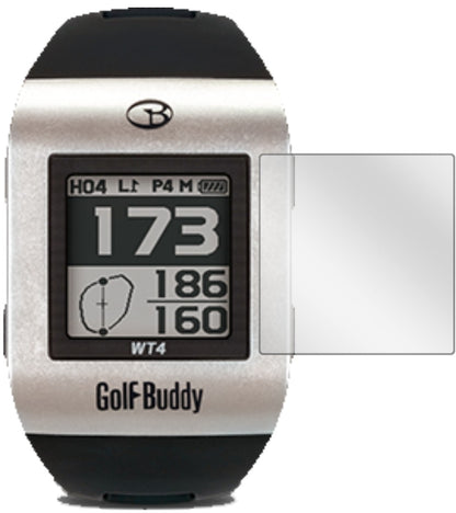GolfbuddyWT4 mit aufgebrachter dipos Displayschutzfolie, glasklare Darstellung ohne Einschränkungen