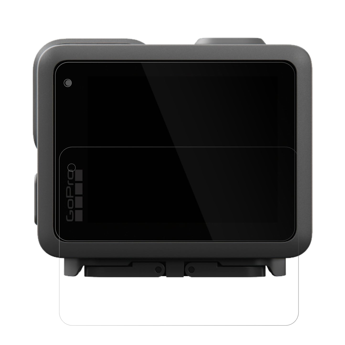 GoProLit Hero mit aufgebrachter dipos Displayschutzfolie, glasklare Darstellung ohne Einschränkungen