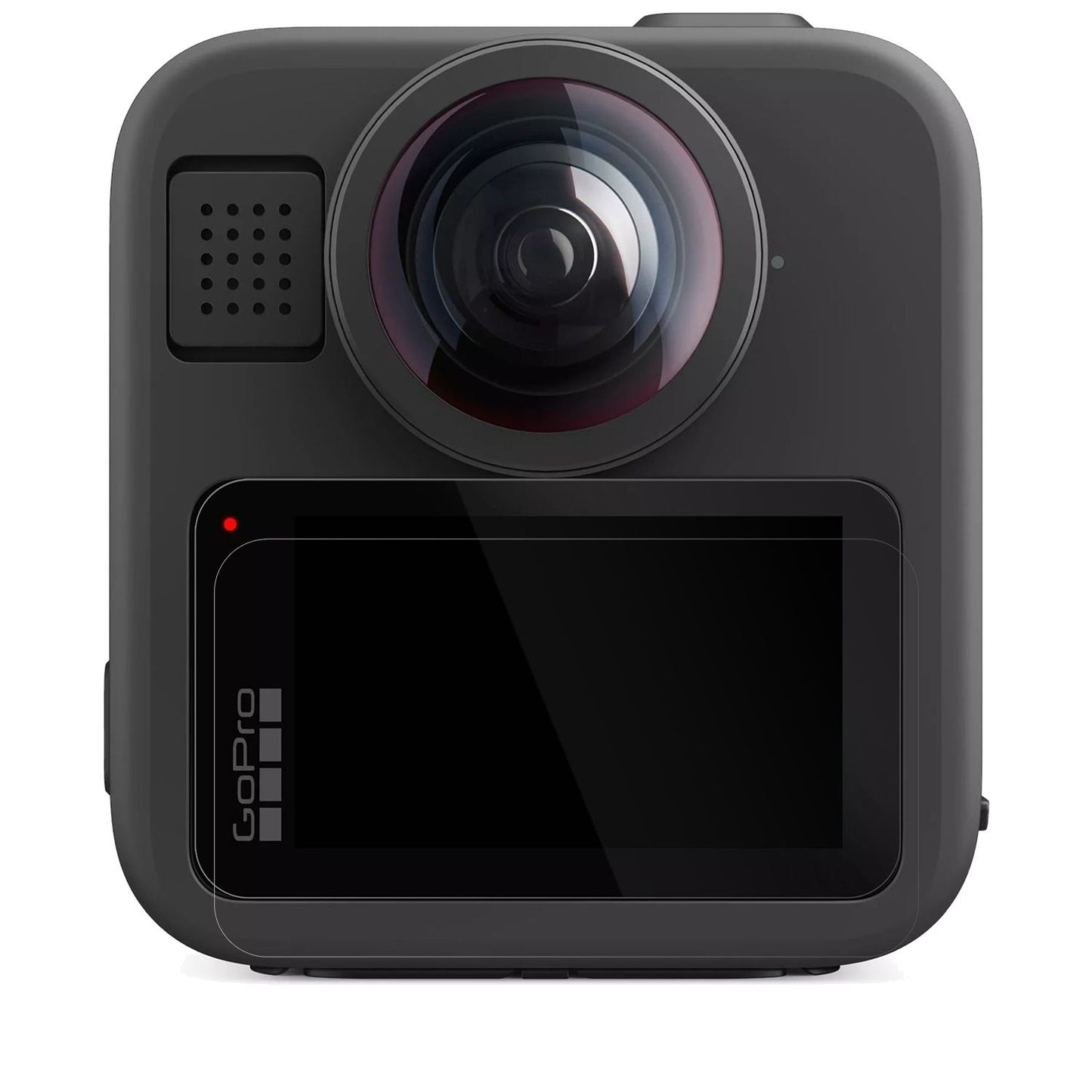 GoProMax 2 mit aufgebrachter dipos Displayschutzfolie, glasklare Darstellung ohne Einschränkungen