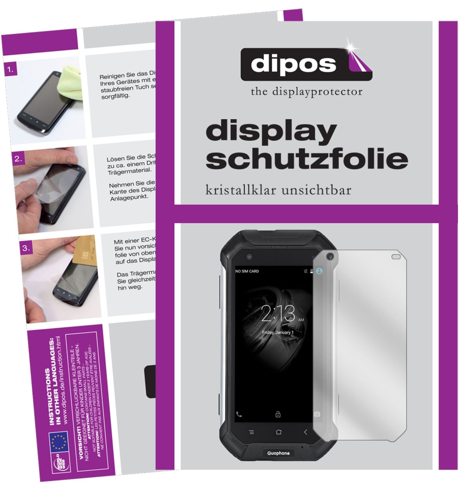 GuophoneV19 mit aufgebrachter dipos Displayschutzfolie, glasklare Darstellung ohne Einschränkungen