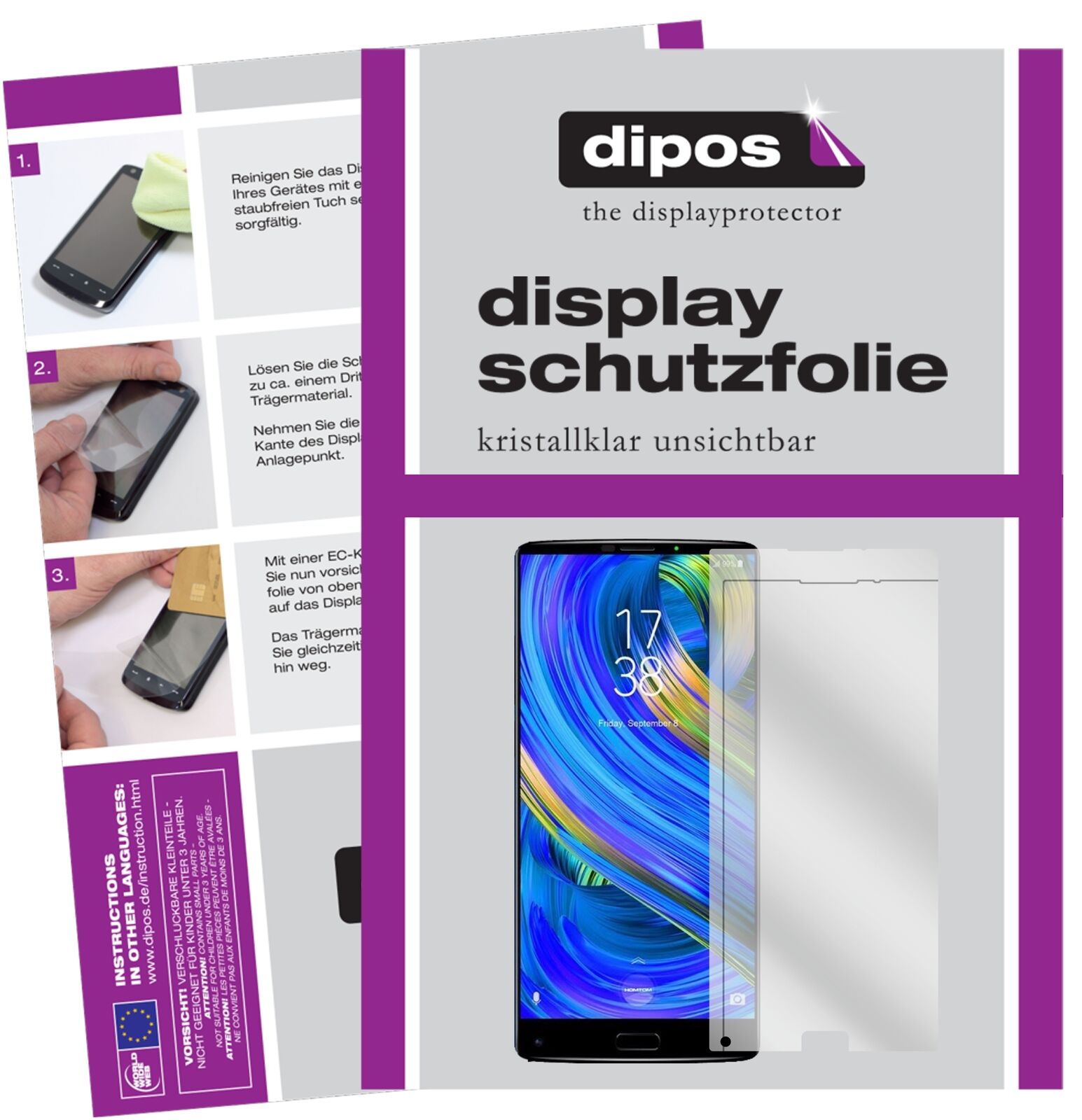HOMTOMS9 Plus mit aufgebrachter dipos Displayschutzfolie, glasklare Darstellung ohne Einschränkungen