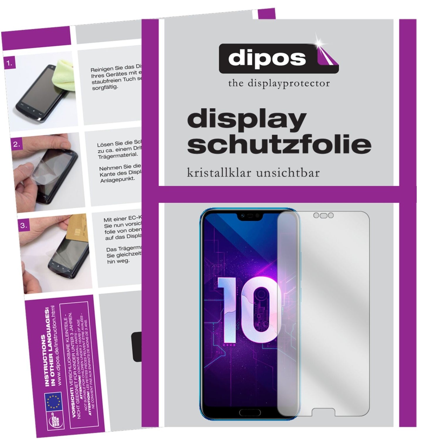 Honor10 mit aufgebrachter dipos Displayschutzfolie, glasklare Darstellung ohne Einschränkungen