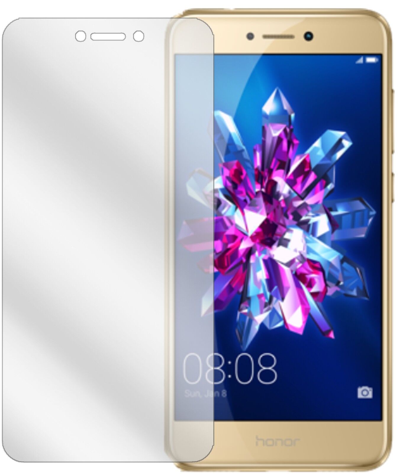 Honor8 Lite mit aufgebrachter dipos Displayschutzfolie, glasklare Darstellung ohne Einschränkungen