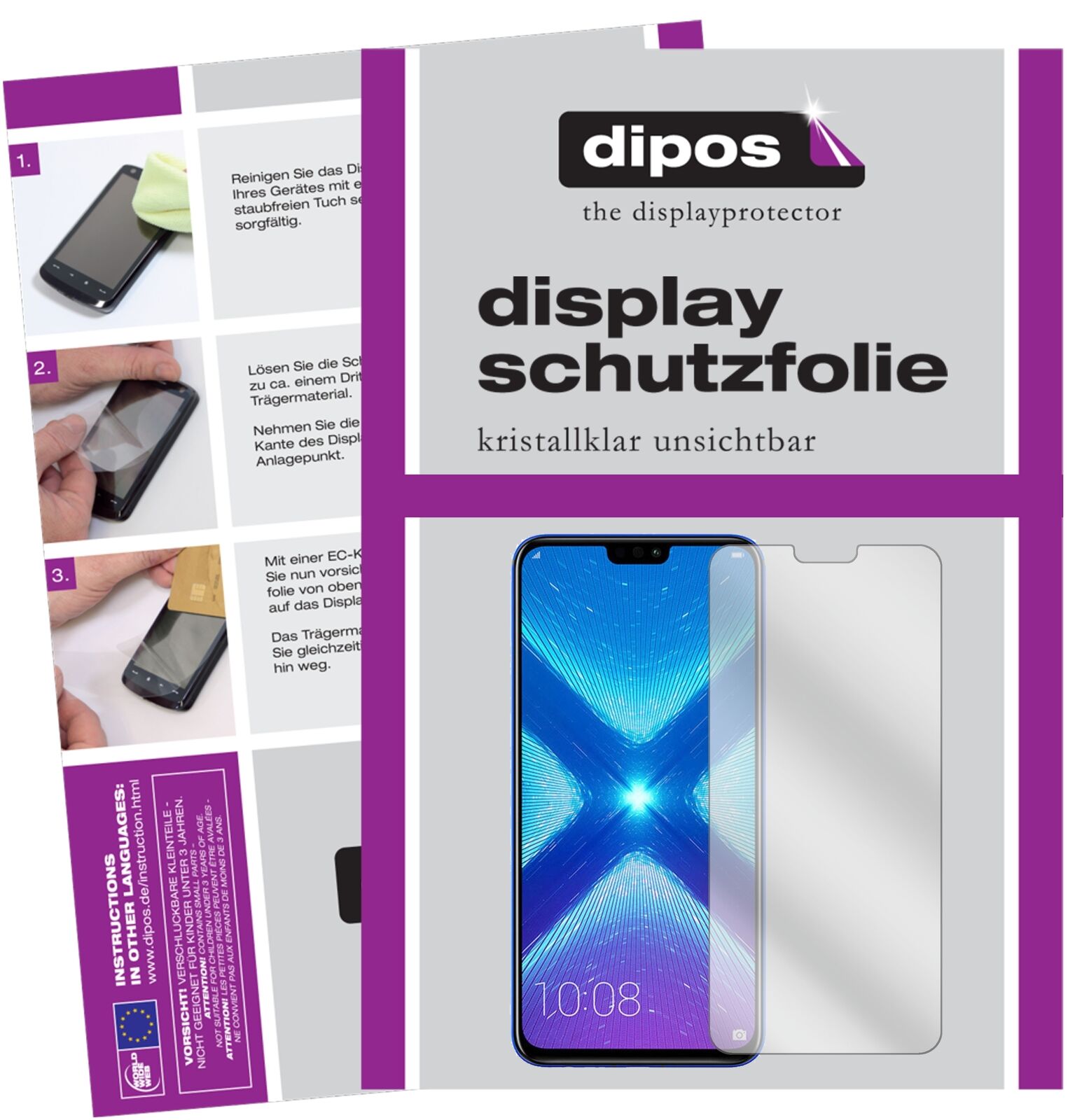 Honor8X mit aufgebrachter dipos Displayschutzfolie, glasklare Darstellung ohne Einschränkungen