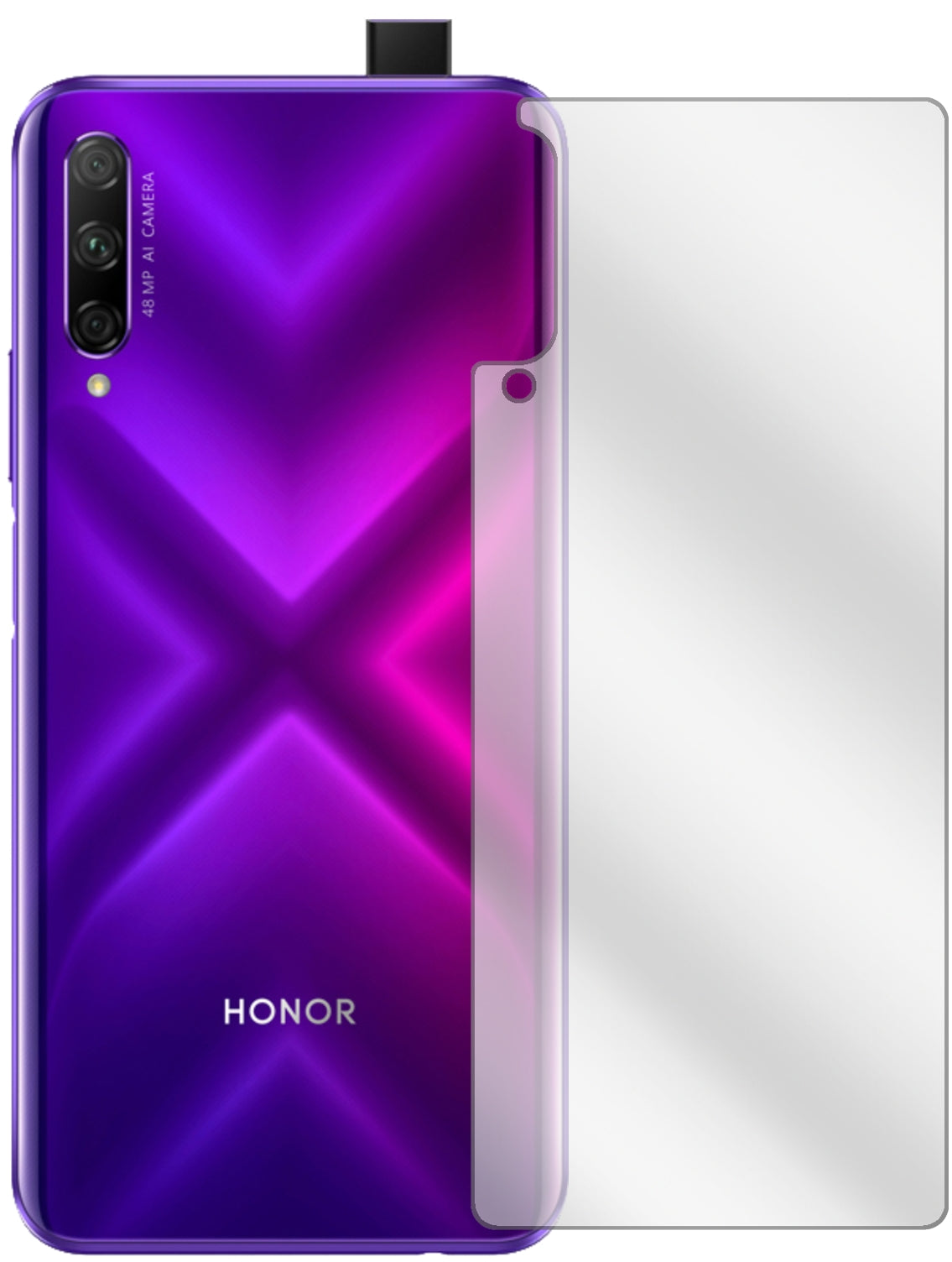 Honor9X Rückseite mit aufgebrachter dipos Displayschutzfolie, glasklare Darstellung ohne Einschränkungen