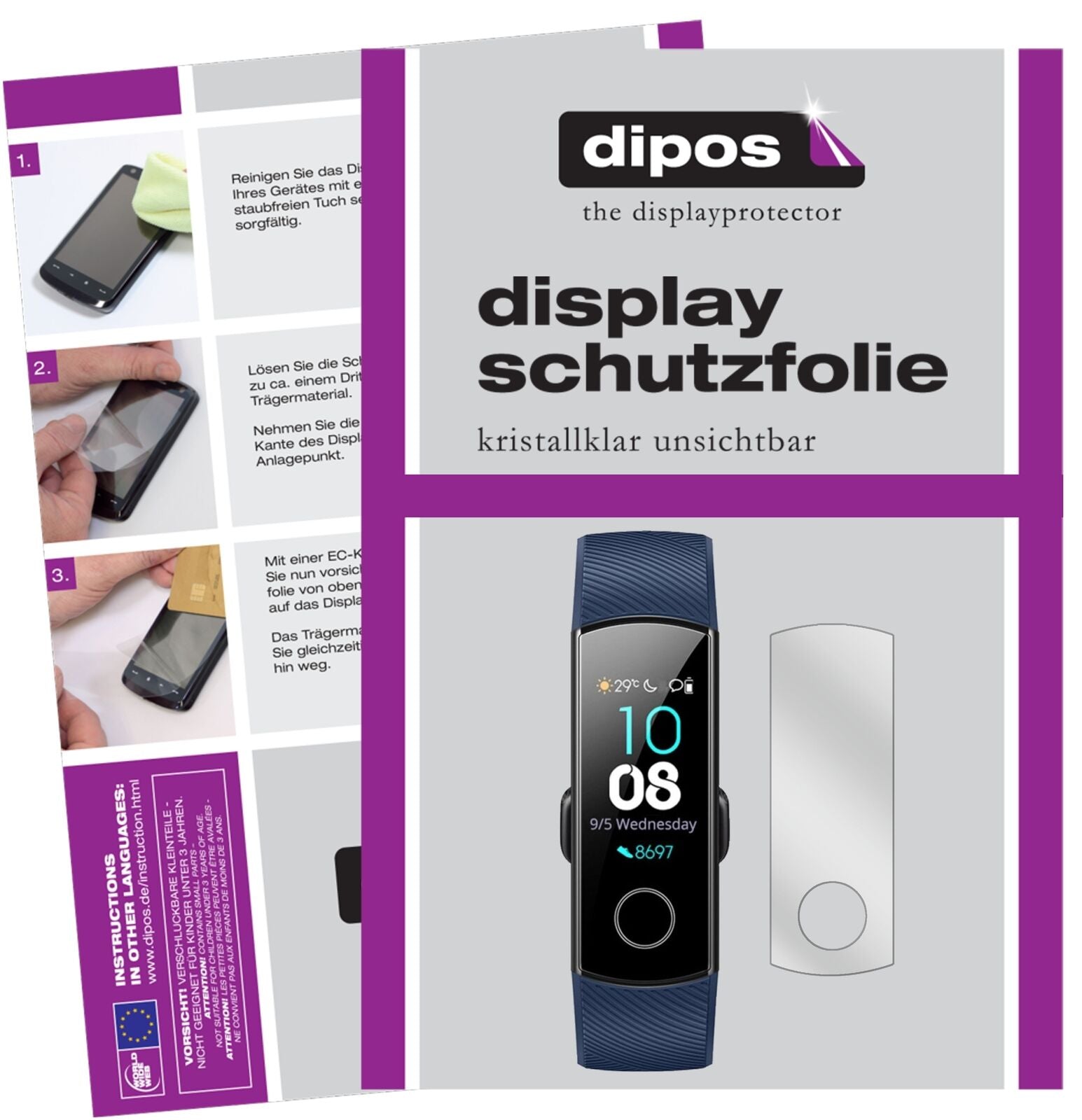 HonorBand 4 mit aufgebrachter dipos Displayschutzfolie, glasklare Darstellung ohne Einschränkungen
