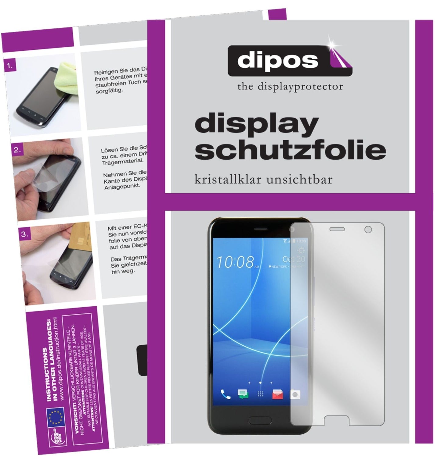 HTCU11 Life mit aufgebrachter dipos Displayschutzfolie, glasklare Darstellung ohne Einschränkungen