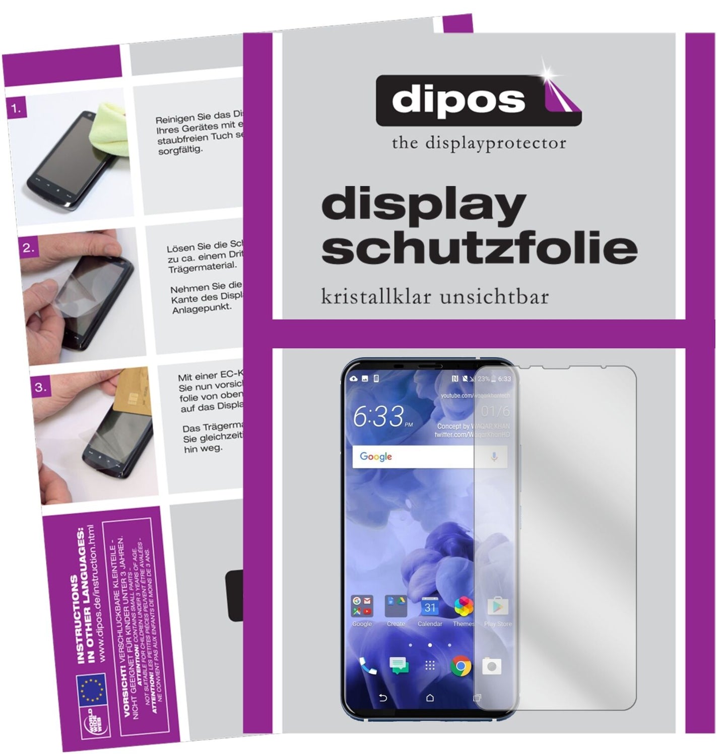 Klare Displayschutzfolie von dipos passend für HTC U11 Plus, präziser Zuschnitt und blasenfrei montiert
