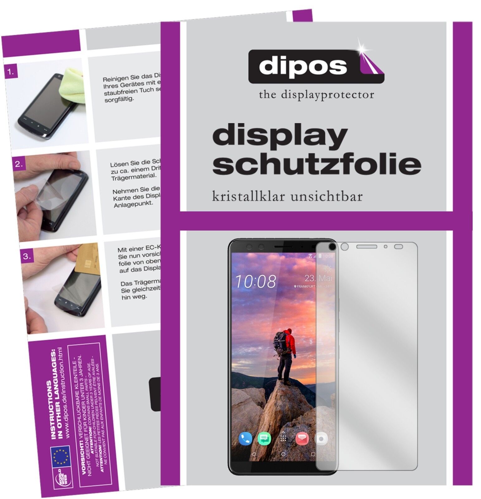 HTCU12 Plus mit aufgebrachter dipos Displayschutzfolie, glasklare Darstellung ohne Einschränkungen