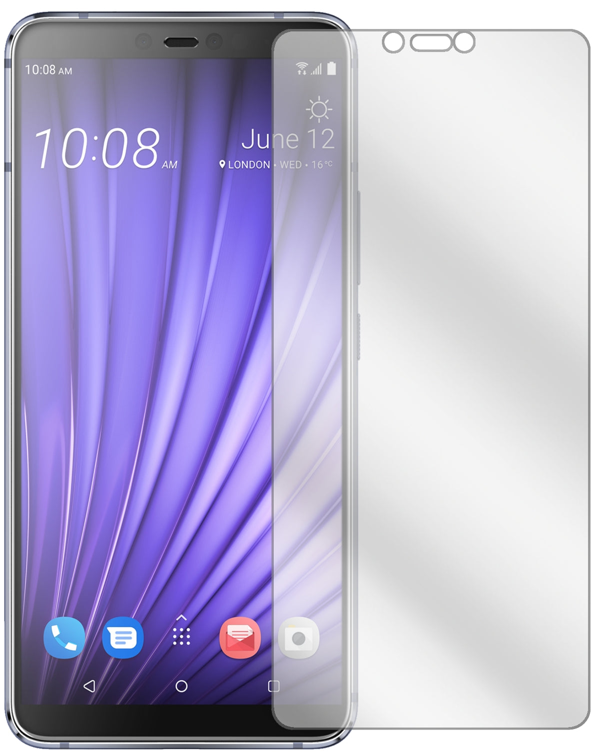 HTCU19e mit aufgebrachter dipos Displayschutzfolie, glasklare Darstellung ohne Einschränkungen