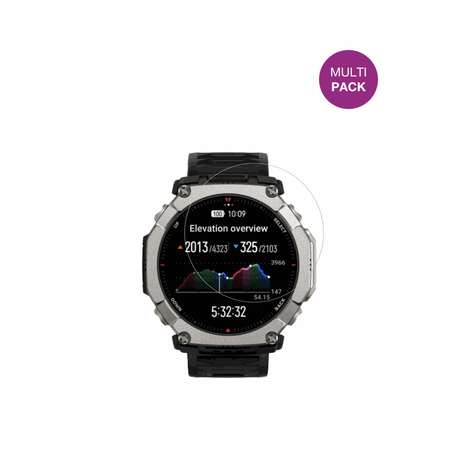 HuamiAmazfit T-Rex Ultra 2 mit aufgebrachter dipos Displayschutzfolie, glasklare Darstellung ohne Einschränkungen