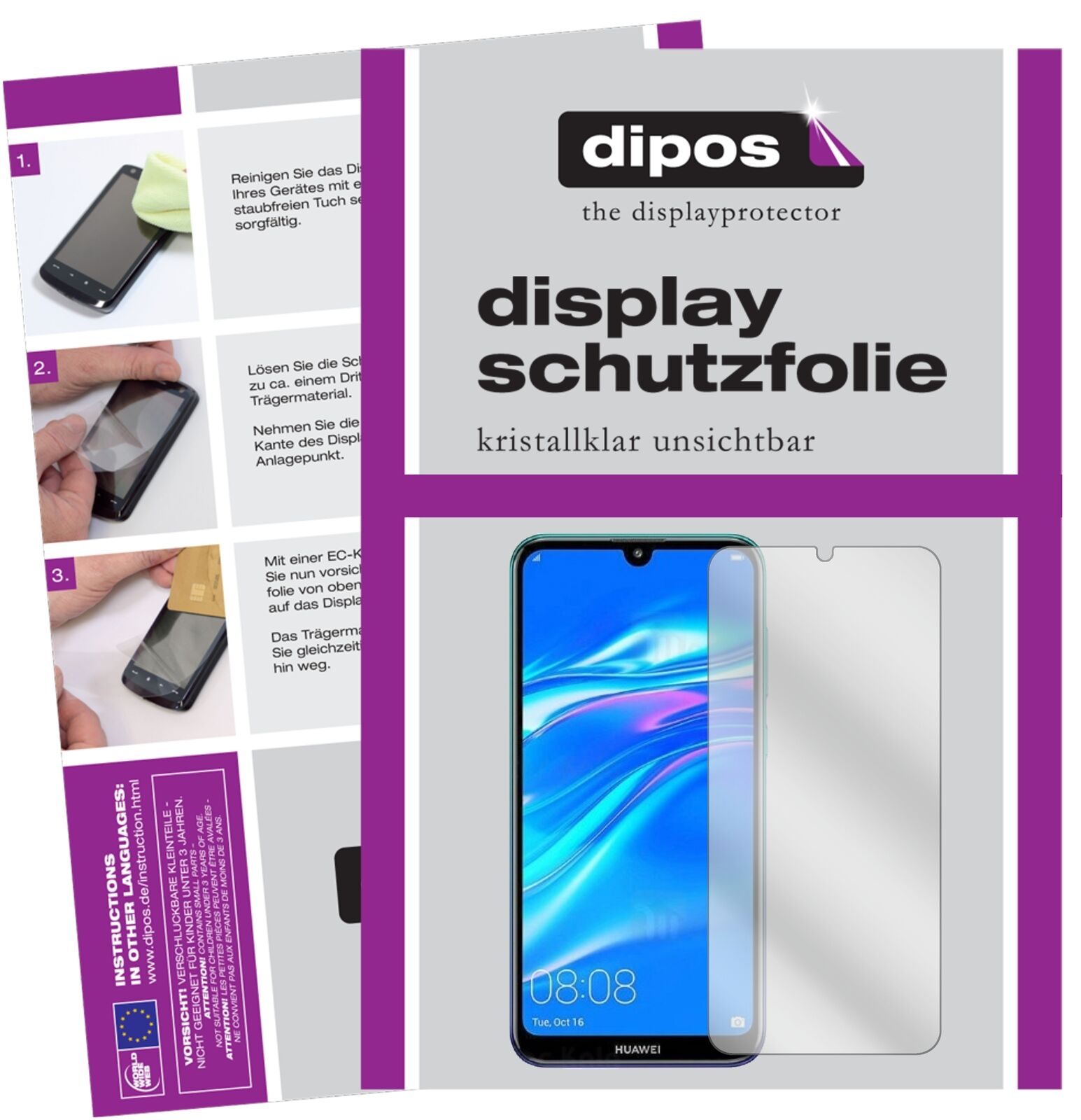 HuaweiY7 Pro (2019) mit aufgebrachter dipos Displayschutzfolie, glasklare Darstellung ohne Einschränkungen
