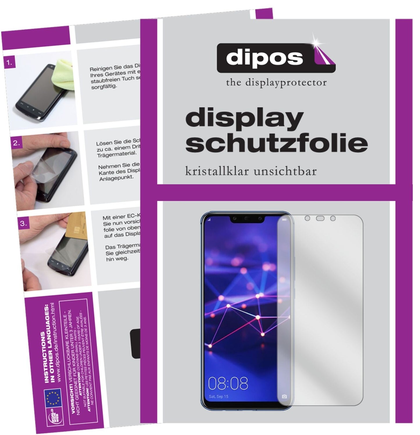 HuaweiMate 20 Lite mit aufgebrachter dipos Displayschutzfolie, glasklare Darstellung ohne Einschränkungen