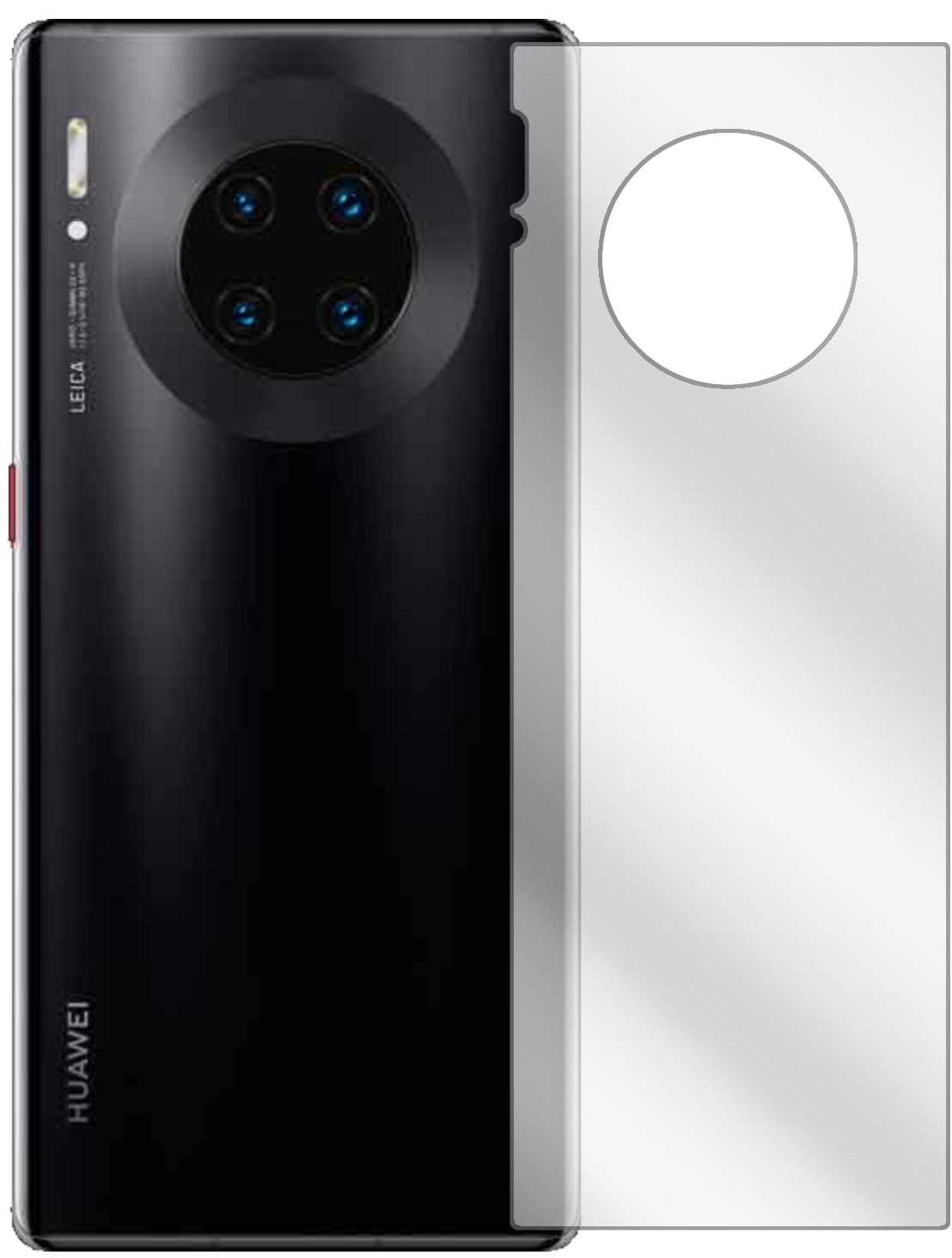HuaweiMate 30 Pro Rückseite mit aufgebrachter dipos Displayschutzfolie, glasklare Darstellung ohne Einschränkungen