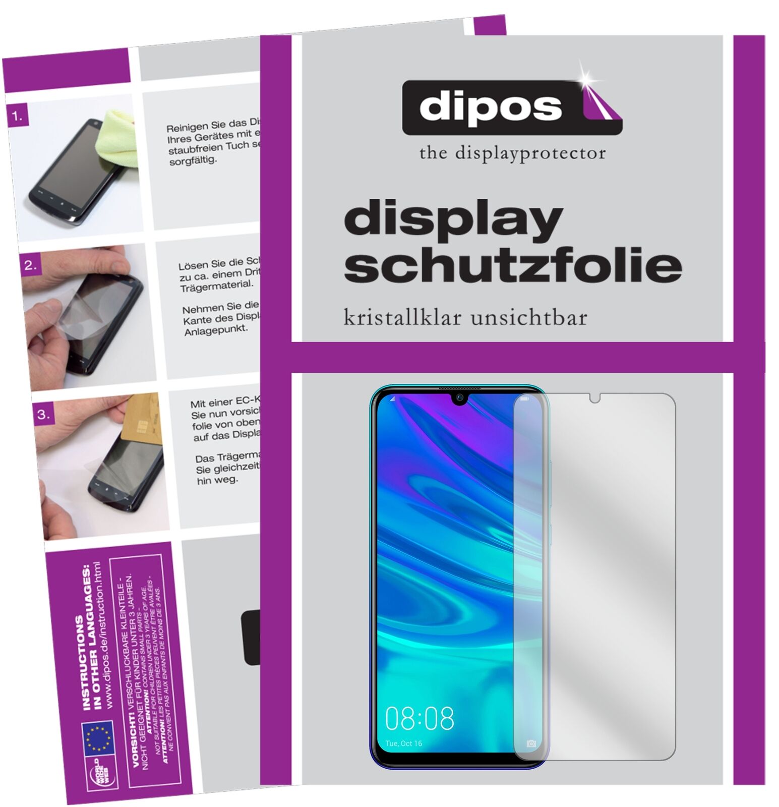HuaweiP Smart (2019) mit aufgebrachter dipos Displayschutzfolie, glasklare Darstellung ohne Einschränkungen