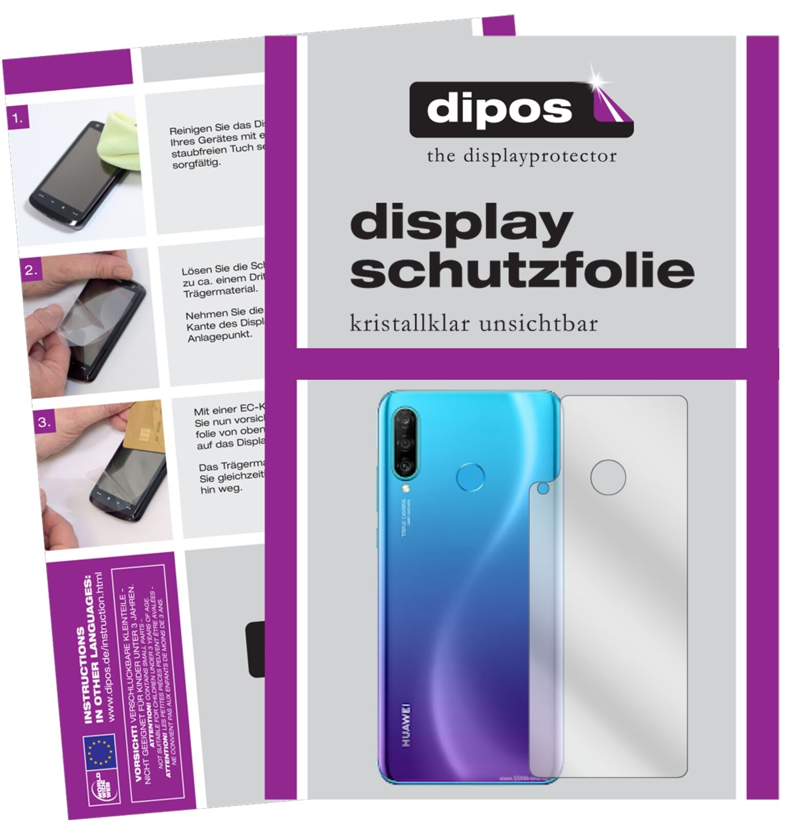 HuaweiP30 Lite Rückseite mit aufgebrachter dipos Displayschutzfolie, glasklare Darstellung ohne Einschränkungen