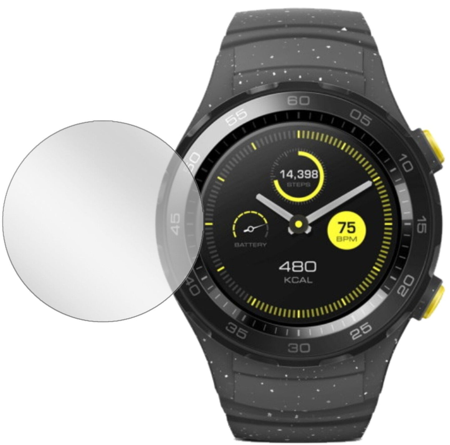 HuaweiWatch 2 mit aufgebrachter dipos Displayschutzfolie, glasklare Darstellung ohne Einschränkungen