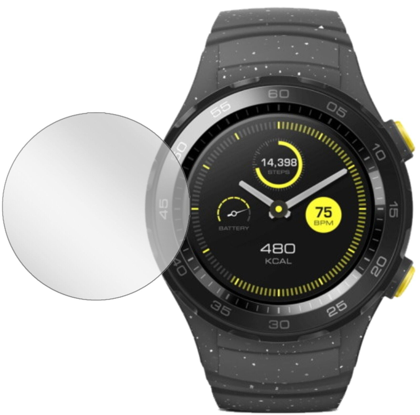 HuaweiWatch 2 mit aufgebrachter dipos Displayschutzfolie, glasklare Darstellung ohne Einschränkungen