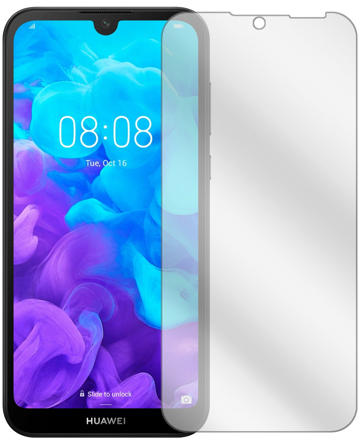 HuaweiY5 (2019) mit aufgebrachter dipos Displayschutzfolie, glasklare Darstellung ohne Einschränkungen
