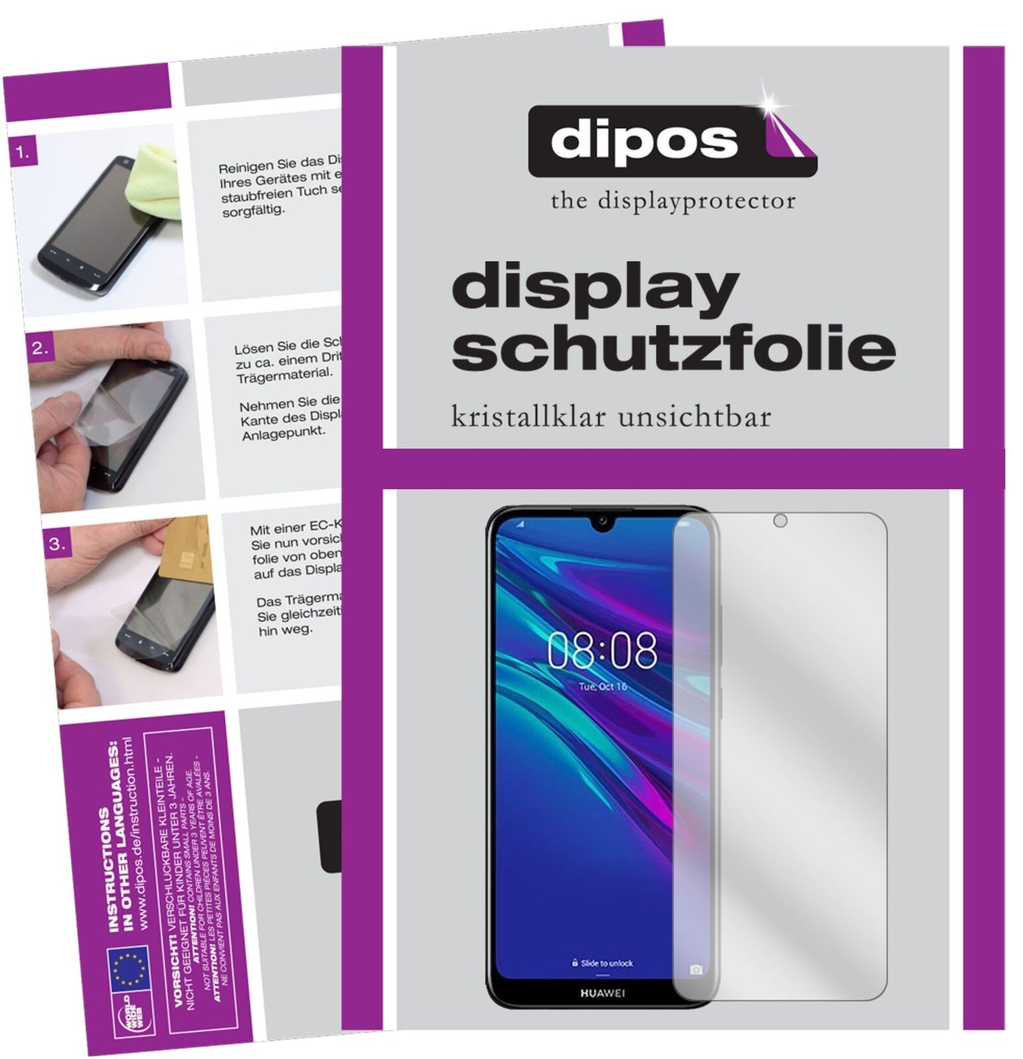 HuaweiY6 (2019) mit aufgebrachter dipos Displayschutzfolie, glasklare Darstellung ohne Einschränkungen