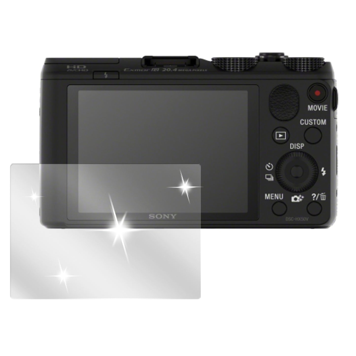 HX 50Sony mit aufgebrachter dipos Displayschutzfolie, glasklare Darstellung ohne Einschränkungen