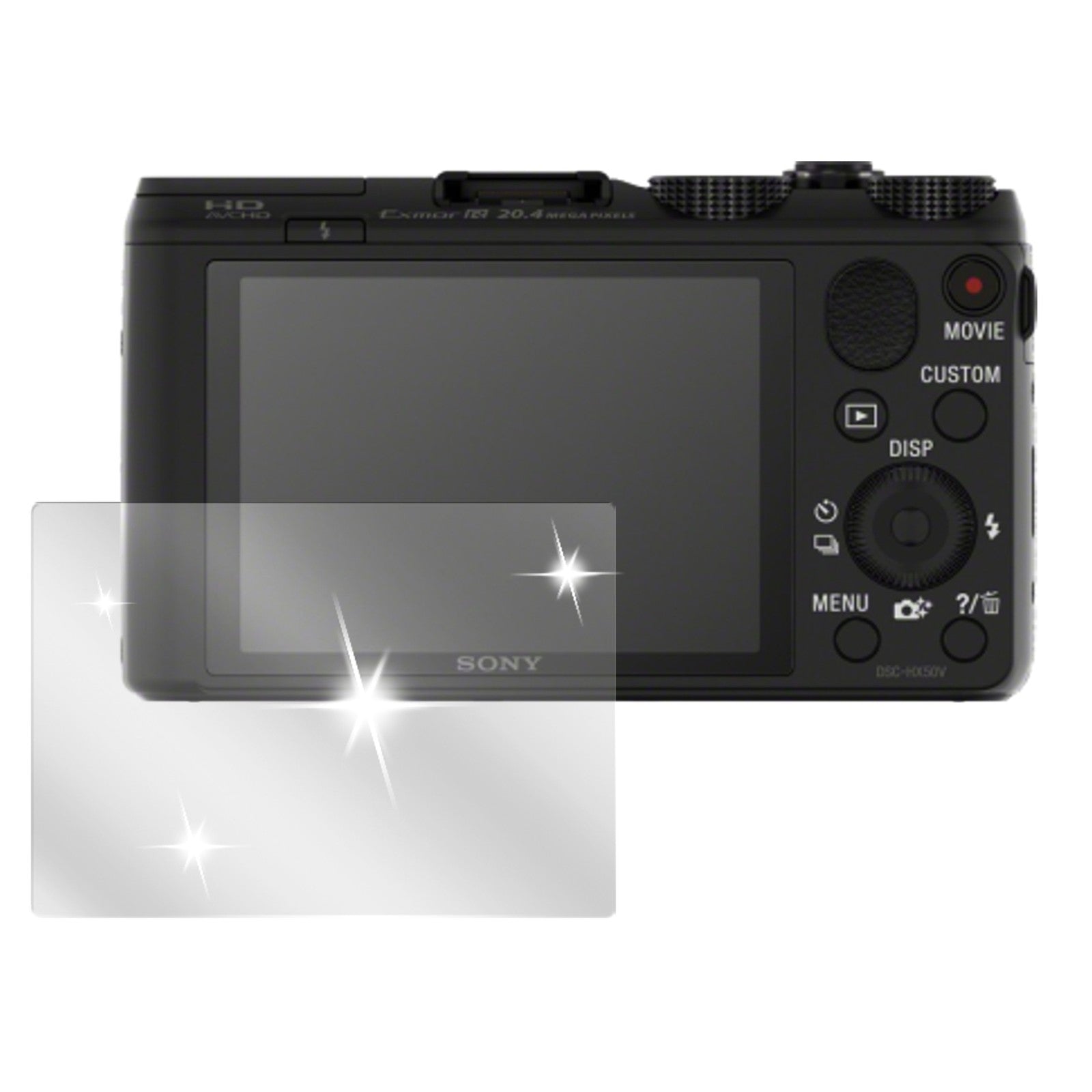 HX 50Sony mit aufgebrachter dipos Displayschutzfolie, glasklare Darstellung ohne Einschränkungen