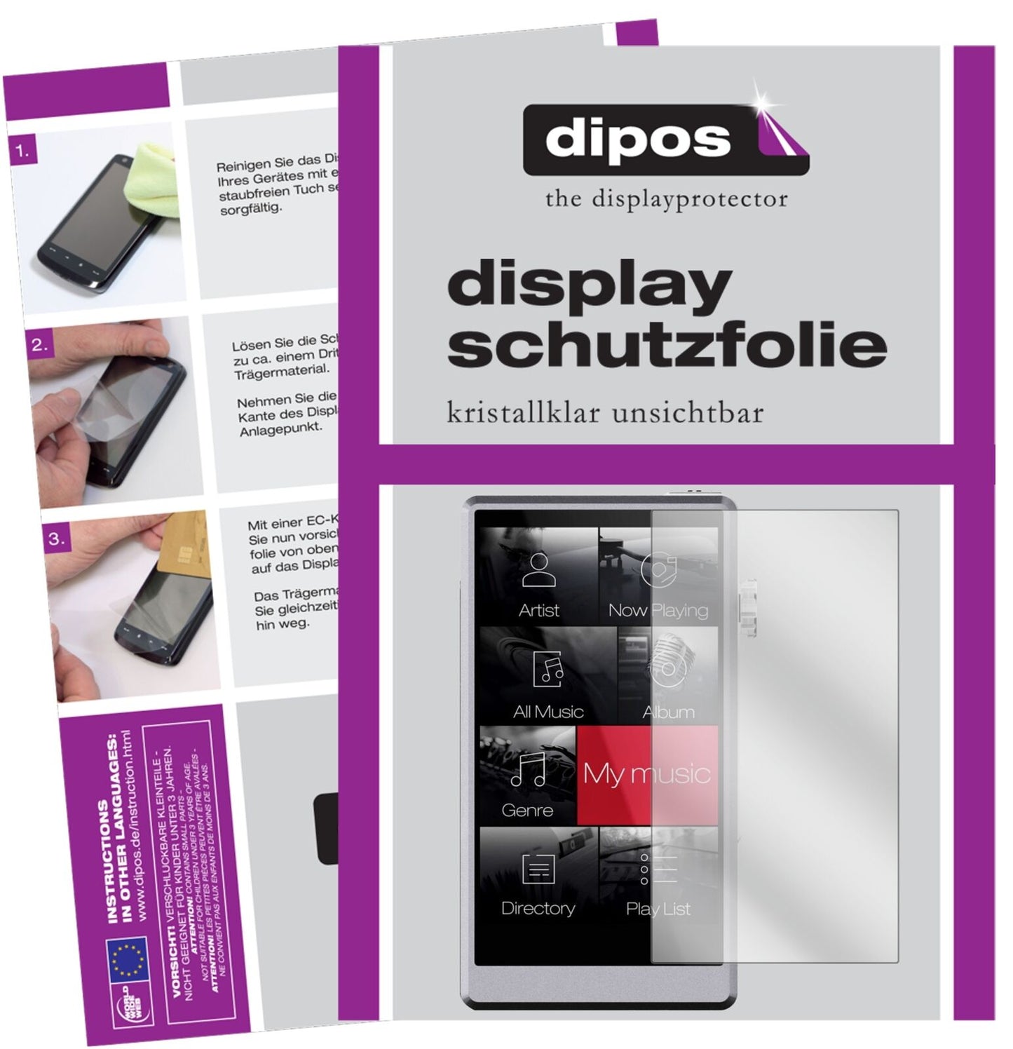iBassoDX150 mit aufgebrachter dipos Displayschutzfolie, glasklare Darstellung ohne Einschränkungen