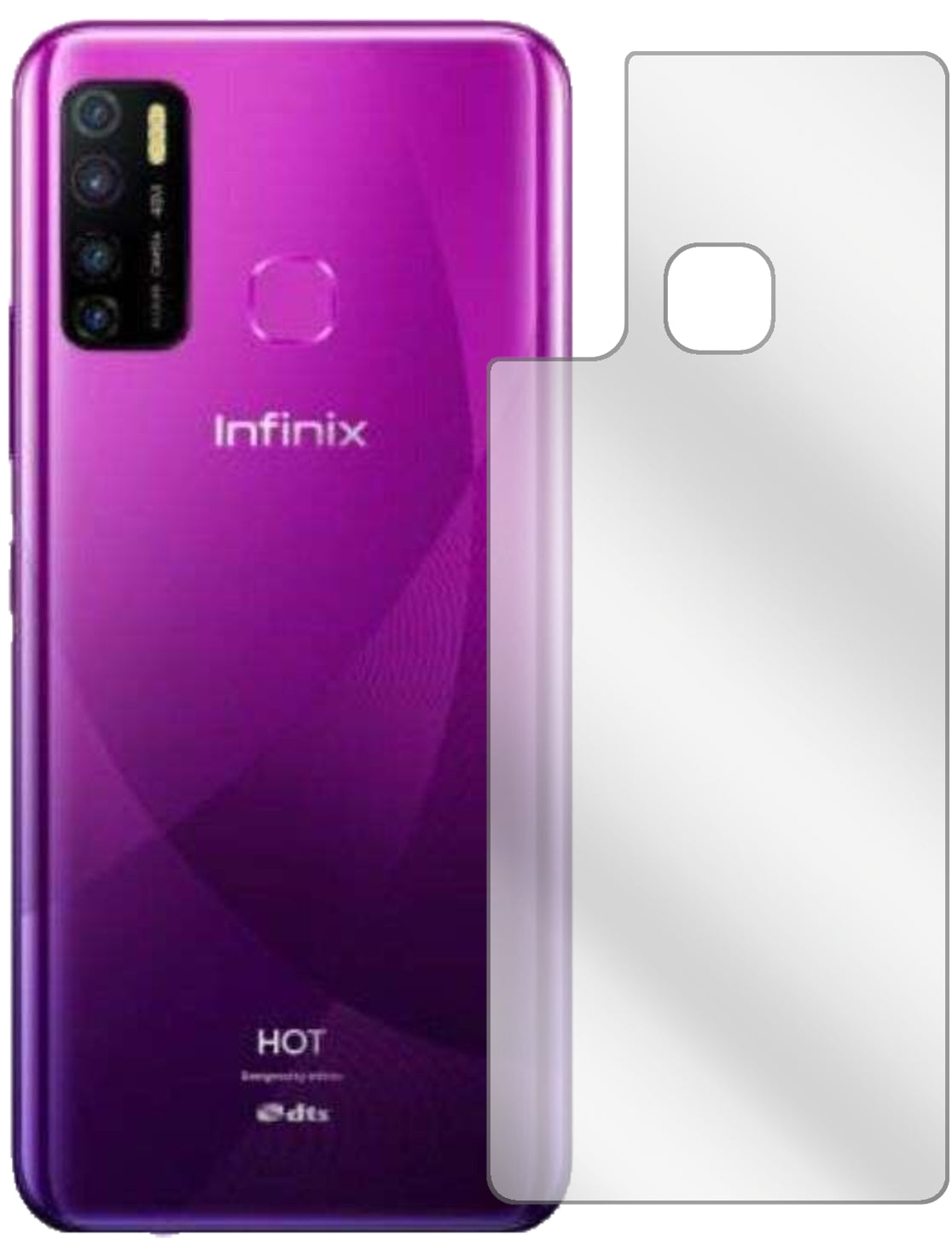 InfinixHot 9 Pro Rückseite mit aufgebrachter dipos Displayschutzfolie, glasklare Darstellung ohne Einschränkungen