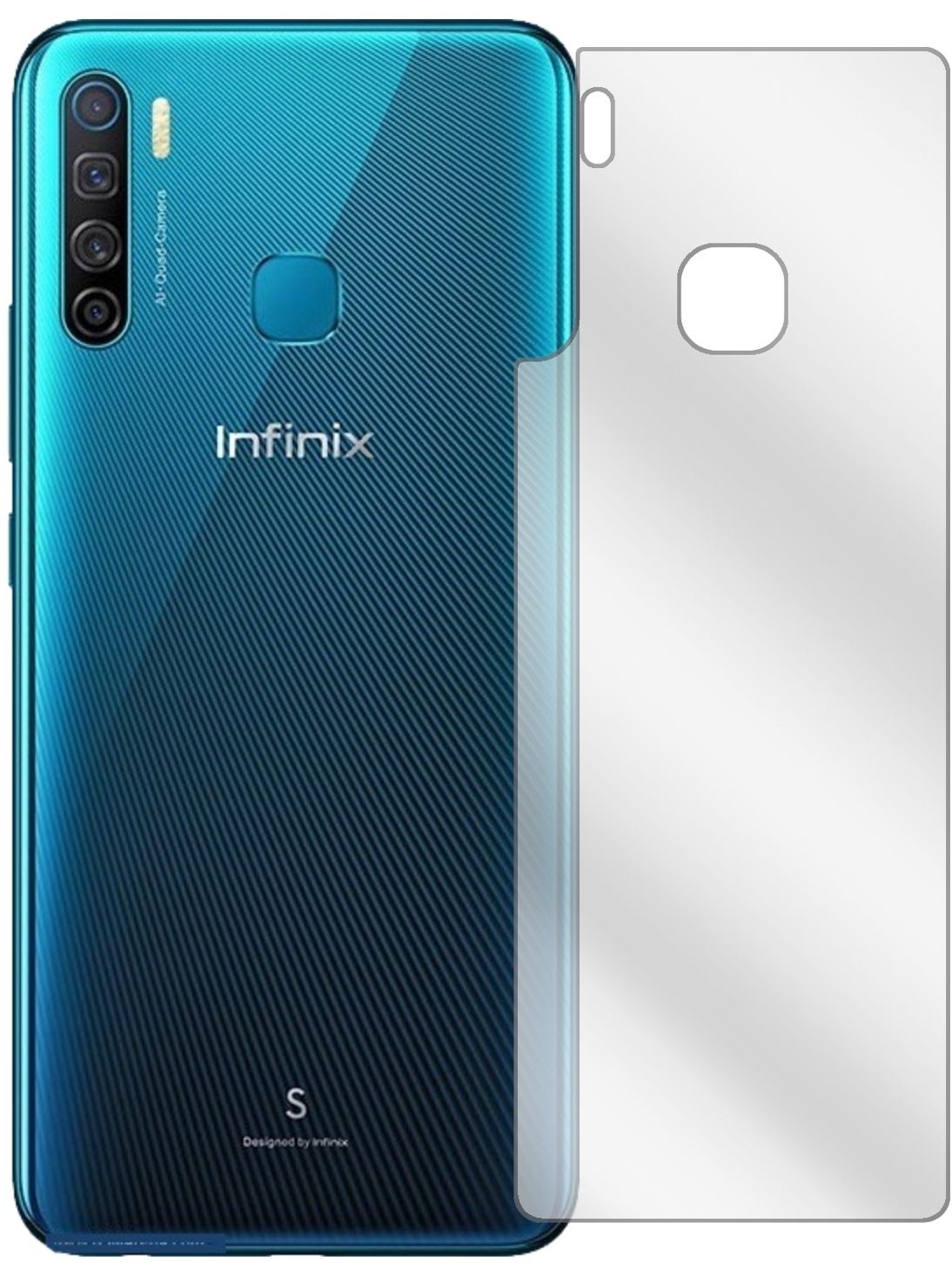 InfinixS5 Rückseite mit aufgebrachter dipos Displayschutzfolie, glasklare Darstellung ohne Einschränkungen