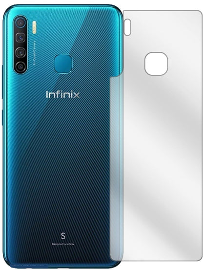 InfinixS5 Rückseite mit aufgebrachter dipos Displayschutzfolie, glasklare Darstellung ohne Einschränkungen