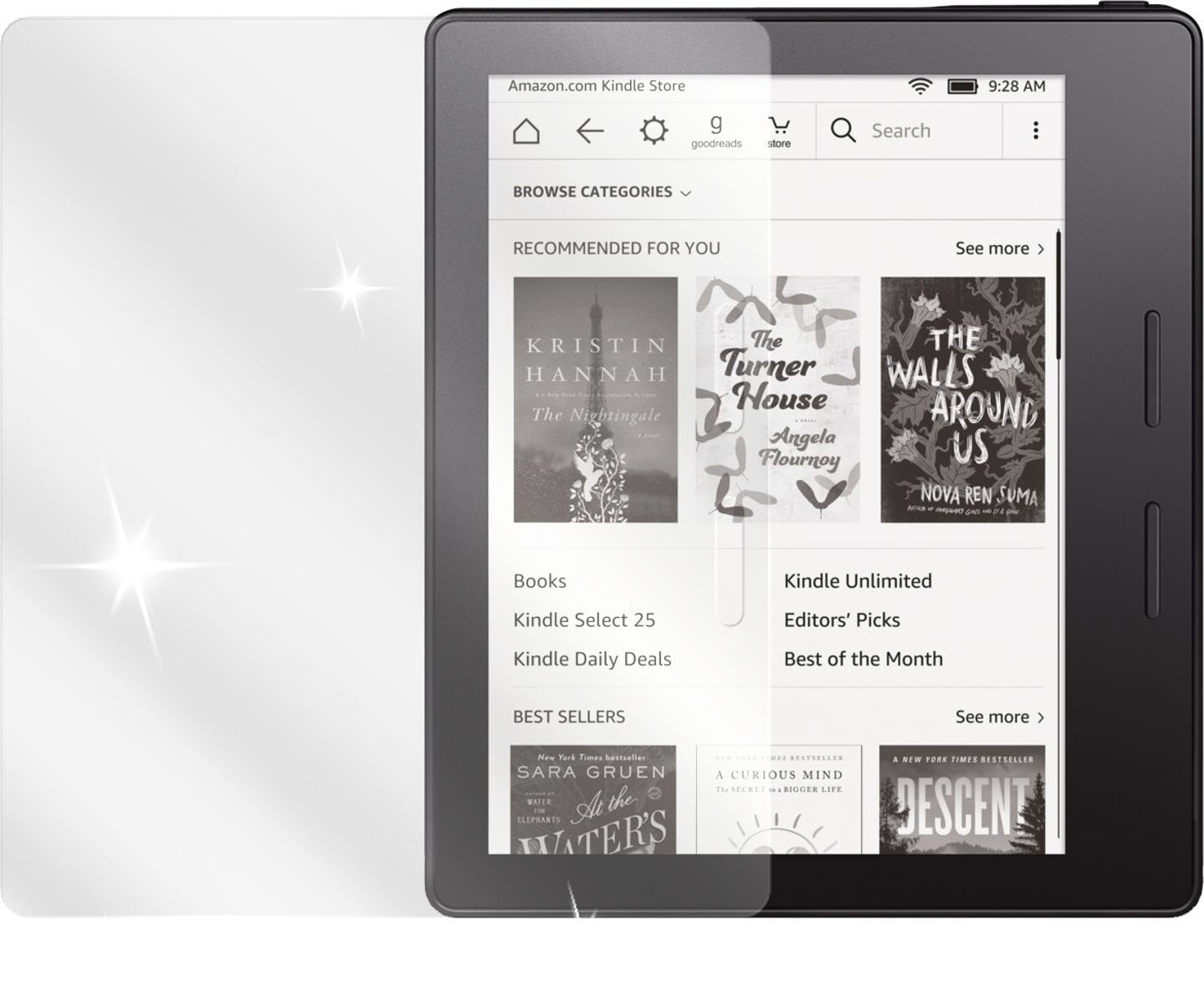 Kindle OasisAmazon mit aufgebrachter dipos Displayschutzfolie, glasklare Darstellung ohne Einschränkungen