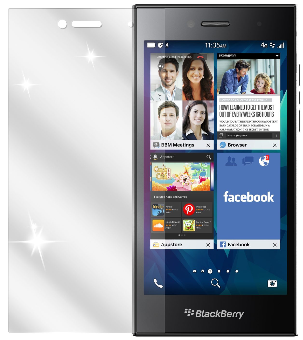 LeapBlackberry mit aufgebrachter dipos Displayschutzfolie, glasklare Darstellung ohne Einschränkungen