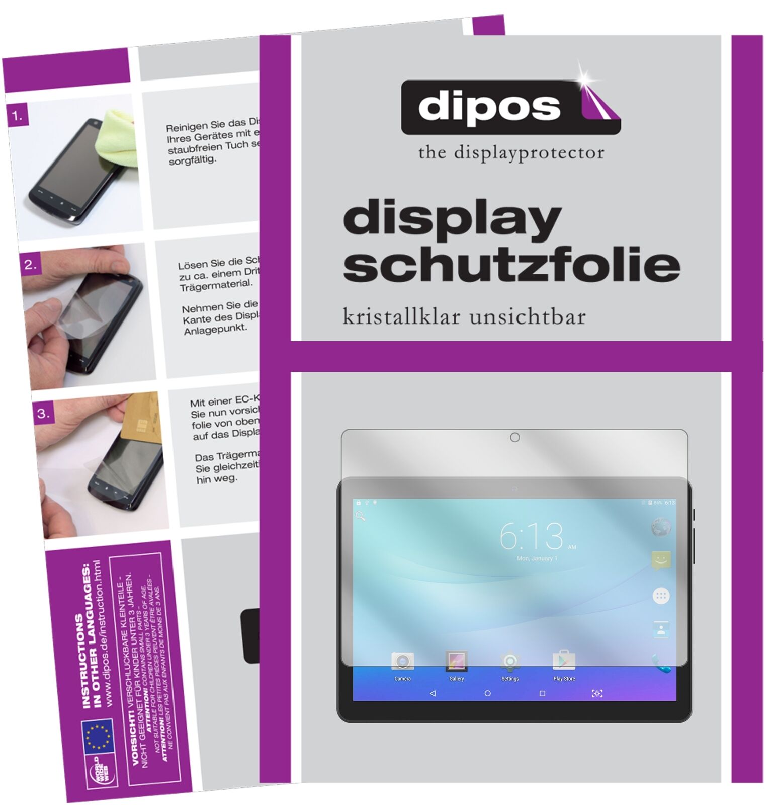 Lectrus10.1 Zoll Tablet mit aufgebrachter dipos Displayschutzfolie, glasklare Darstellung ohne Einschränkungen