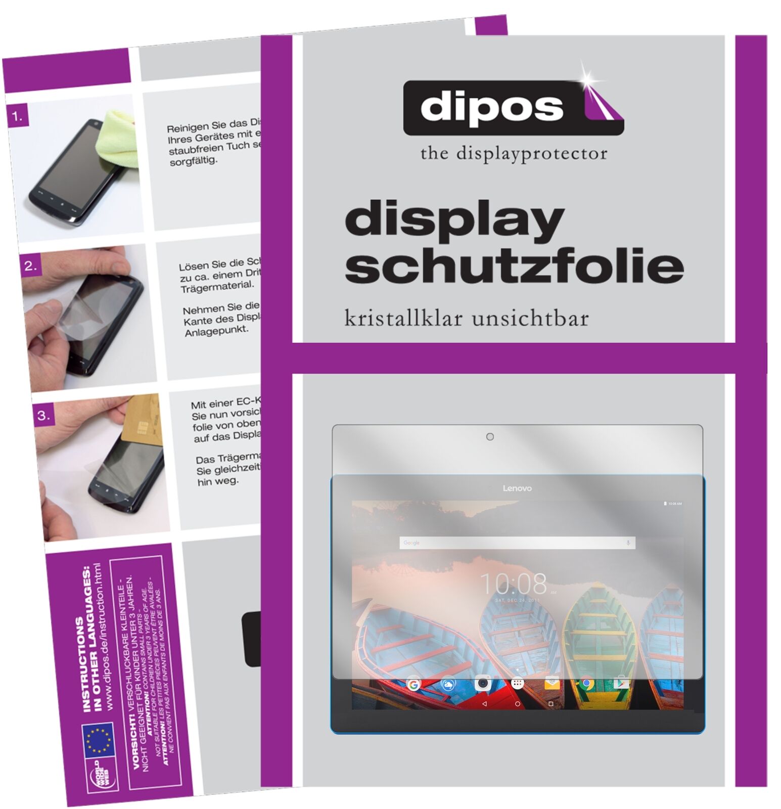 LenovoTab10 (ZA1U0072DE) mit aufgebrachter dipos Displayschutzfolie, glasklare Darstellung ohne Einschränkungen