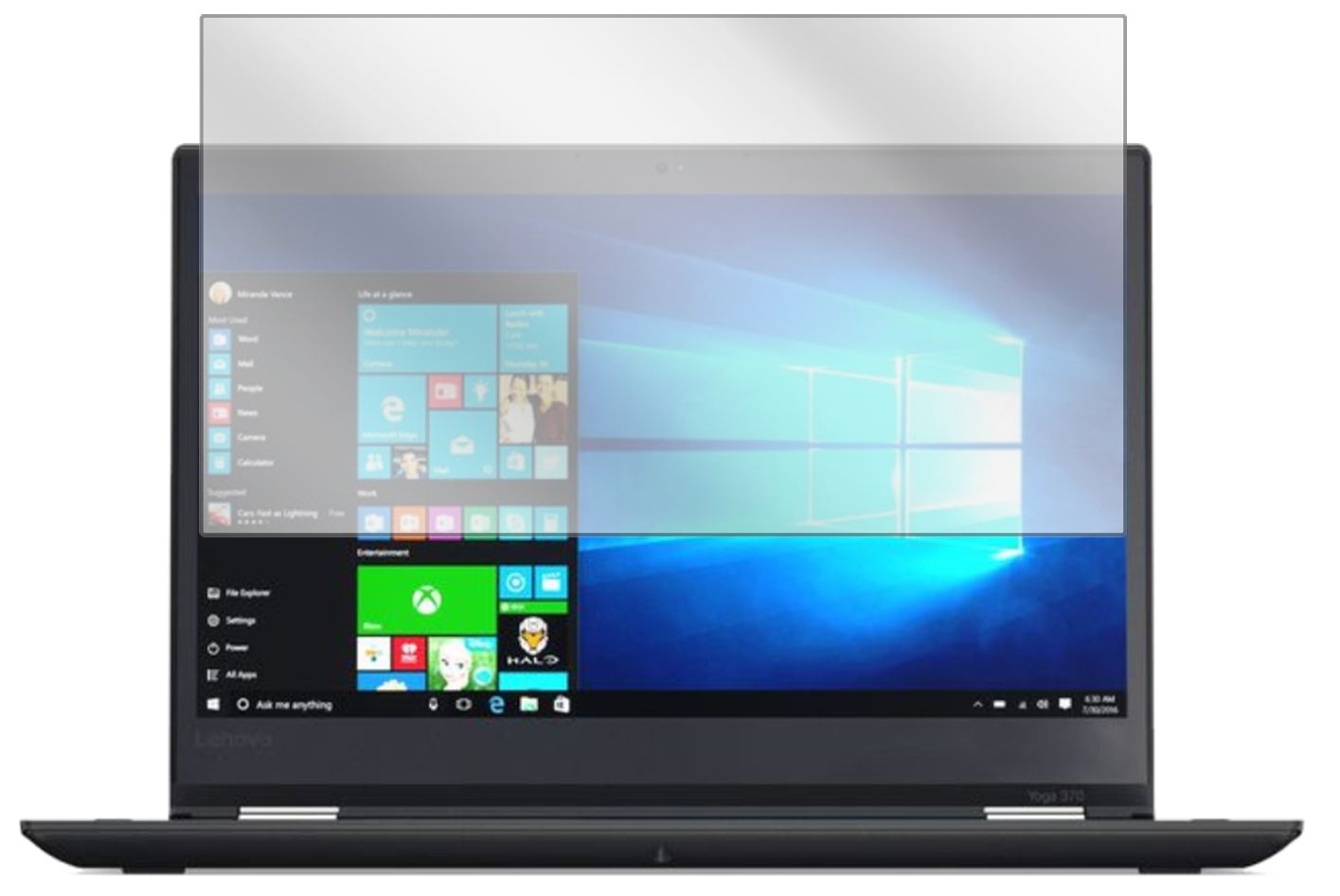 LenovoThinkPad Yoga 370 mit aufgebrachter dipos Displayschutzfolie, glasklare Darstellung ohne Einschränkungen