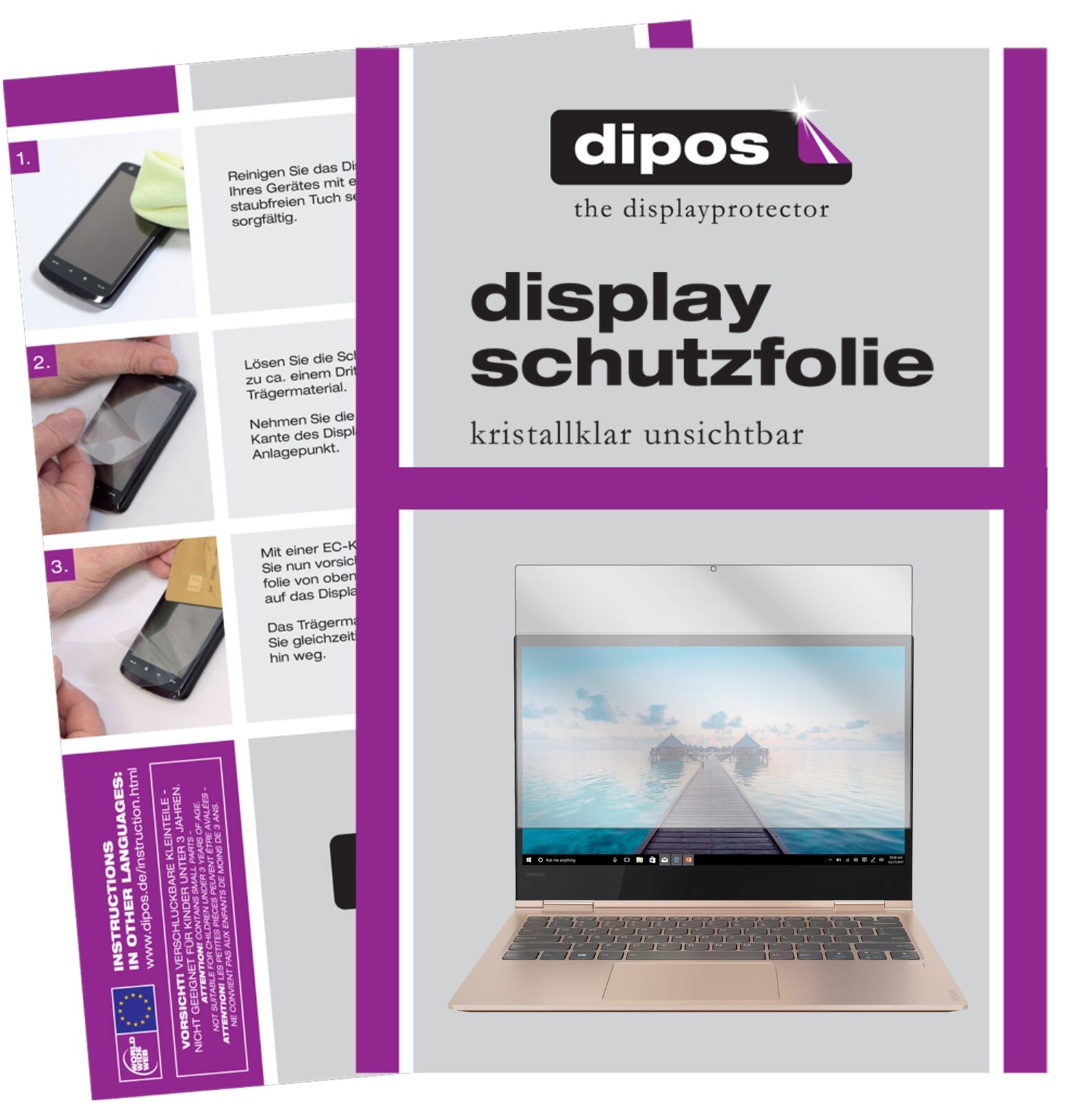 LenovoYoga 730-13IKB (13.3 Zoll) mit aufgebrachter dipos Displayschutzfolie, glasklare Darstellung ohne Einschränkungen