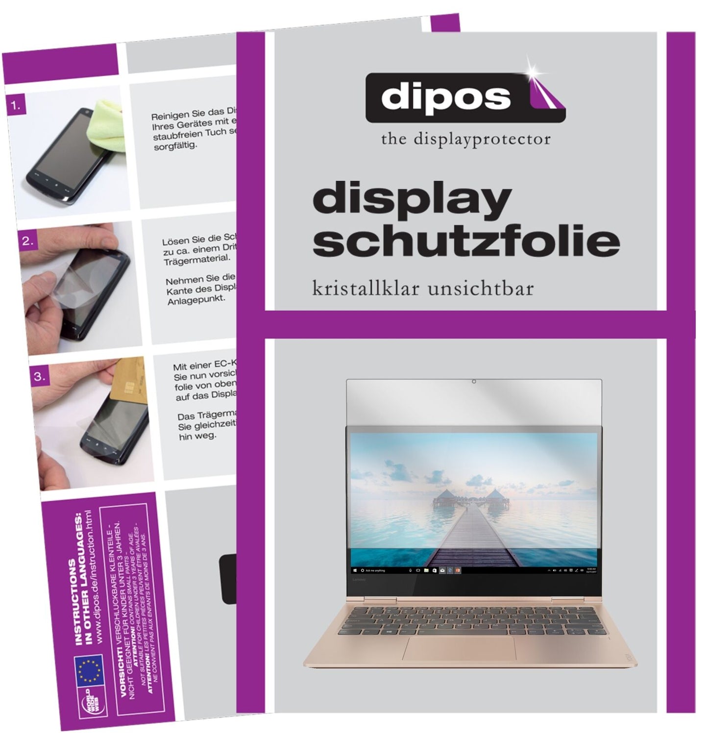 LenovoYoga 730-15IKB (15.6 Zoll) mit aufgebrachter dipos Displayschutzfolie, glasklare Darstellung ohne Einschränkungen
