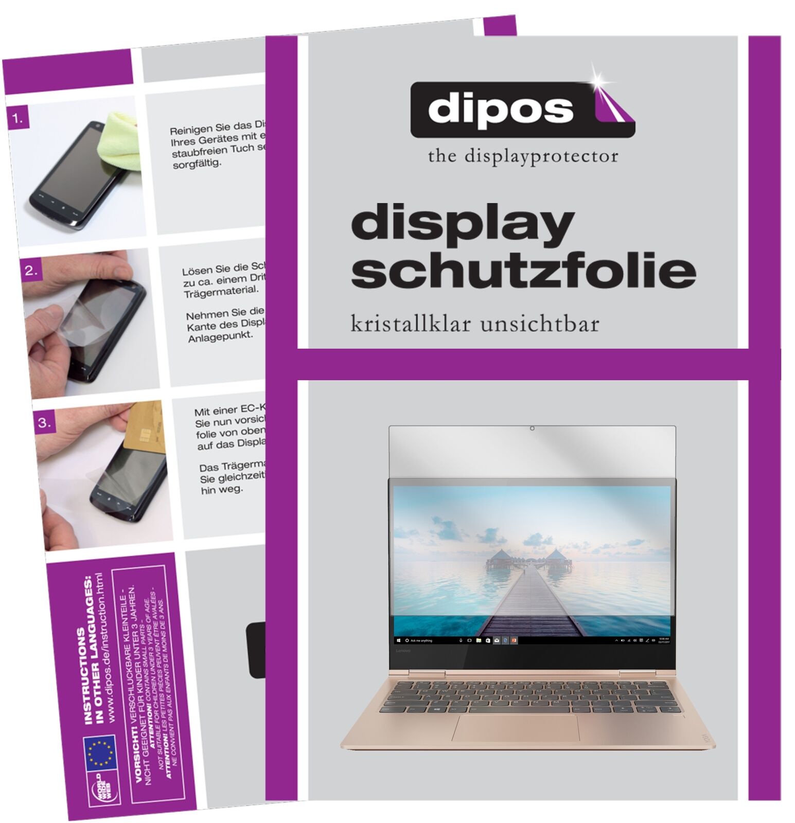 LenovoYoga 730-15IKB (15.6 Zoll) mit aufgebrachter dipos Displayschutzfolie, glasklare Darstellung ohne Einschränkungen