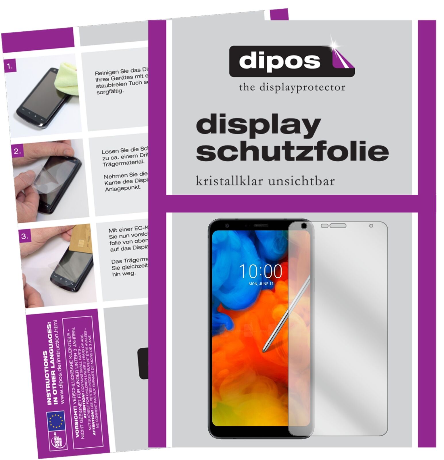 LGQ Stylus Plus mit aufgebrachter dipos Displayschutzfolie, glasklare Darstellung ohne Einschränkungen