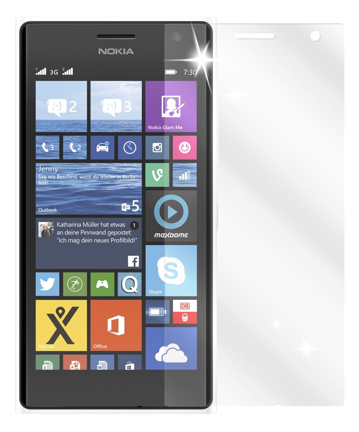 Lumia 730Nokia mit aufgebrachter dipos Displayschutzfolie, glasklare Darstellung ohne Einschränkungen