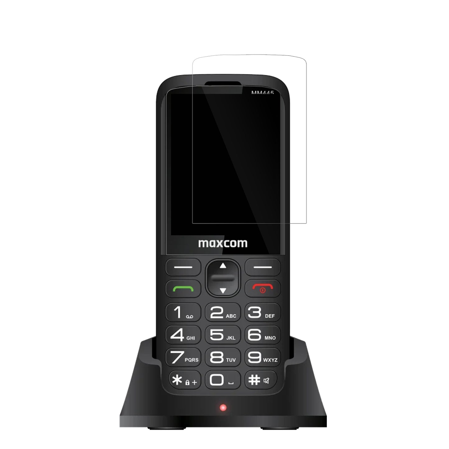 MaxComComfort MM445 4G mit aufgebrachter dipos Displayschutzfolie, glasklare Darstellung ohne Einschränkungen