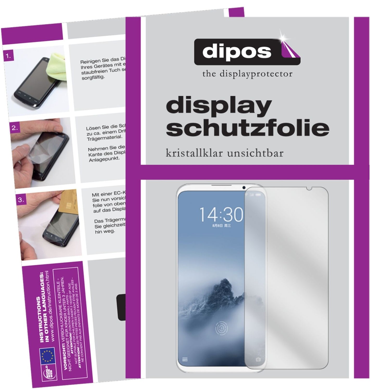 Meizu16 mit aufgebrachter dipos Displayschutzfolie, glasklare Darstellung ohne Einschränkungen