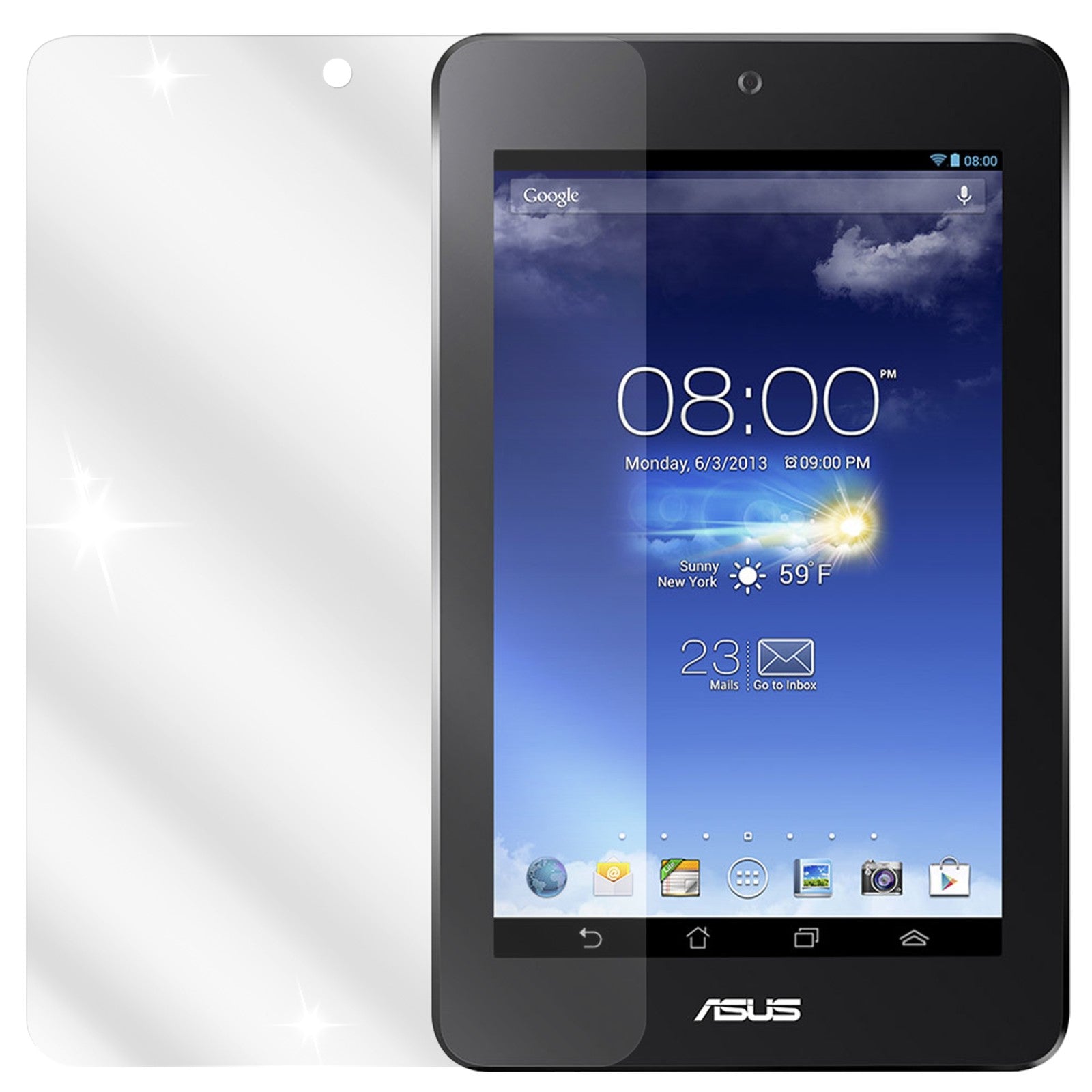 MeMo Pad HD 7Asus mit aufgebrachter dipos Displayschutzfolie, glasklare Darstellung ohne Einschränkungen